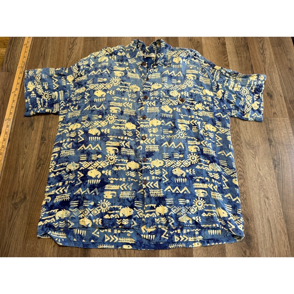 Nomadic Traders Button Up Mens Large Blue Adult Tribal Fish Rayon Good